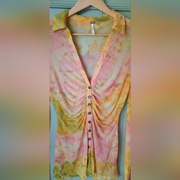 Free People Multicolor Ruched Button-Up Top - Picture 4 of 5